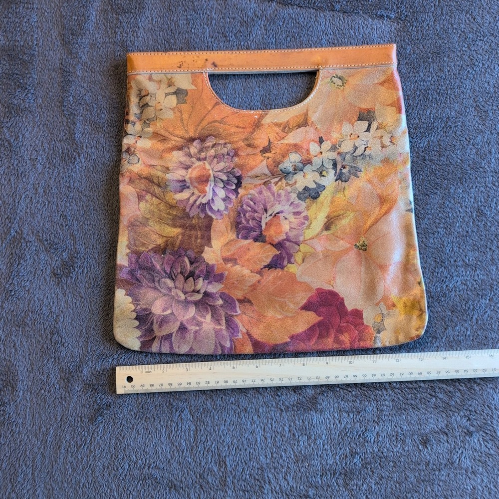 Maurizio Taiuti Italy Floral Leather Tote Bag Cutout Handle Orange Purple Gold